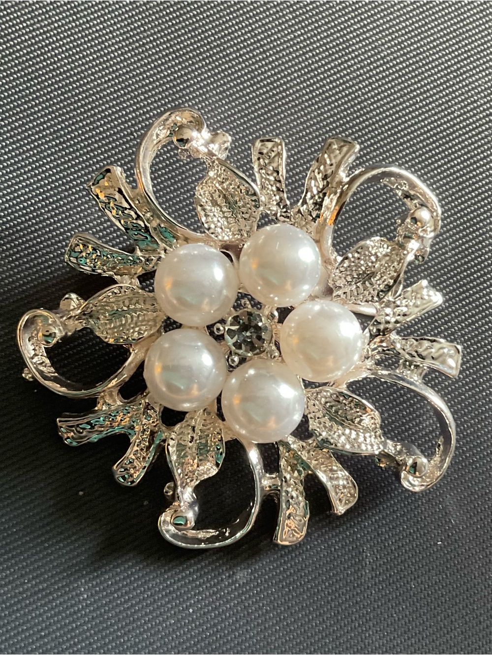 Silver Faux Pearl and Rhinestone Flower Brooch Pin - Elegant Women’s Jewelry